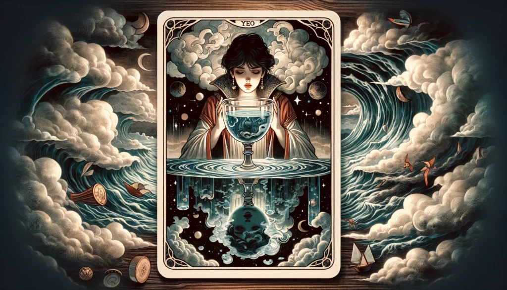 "An illustration representing the Queen of Cups reversed in a Tarot reading, symbolizing emotional imbalance, introspection, and the need for self-care. The image portrays the Queen in a reflective pose, surrounded by swirling emotions, emphasizing the card's deeper meanings and potential guidance."