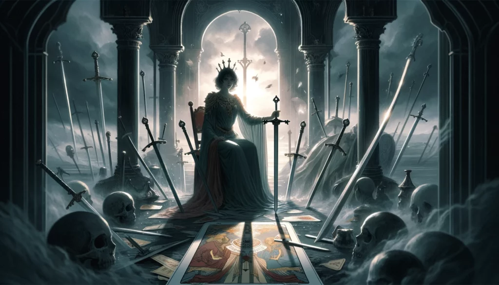 "The visual underscores themes of misunderstanding, miscommunication, and the call for caution when the Queen of Swords appears reversed in decision-making. Enriching the article, it depicts the complexities and uncertainties, suggesting a 'No' or 'Not yet' response, urging for further information or reassessment before proceeding."