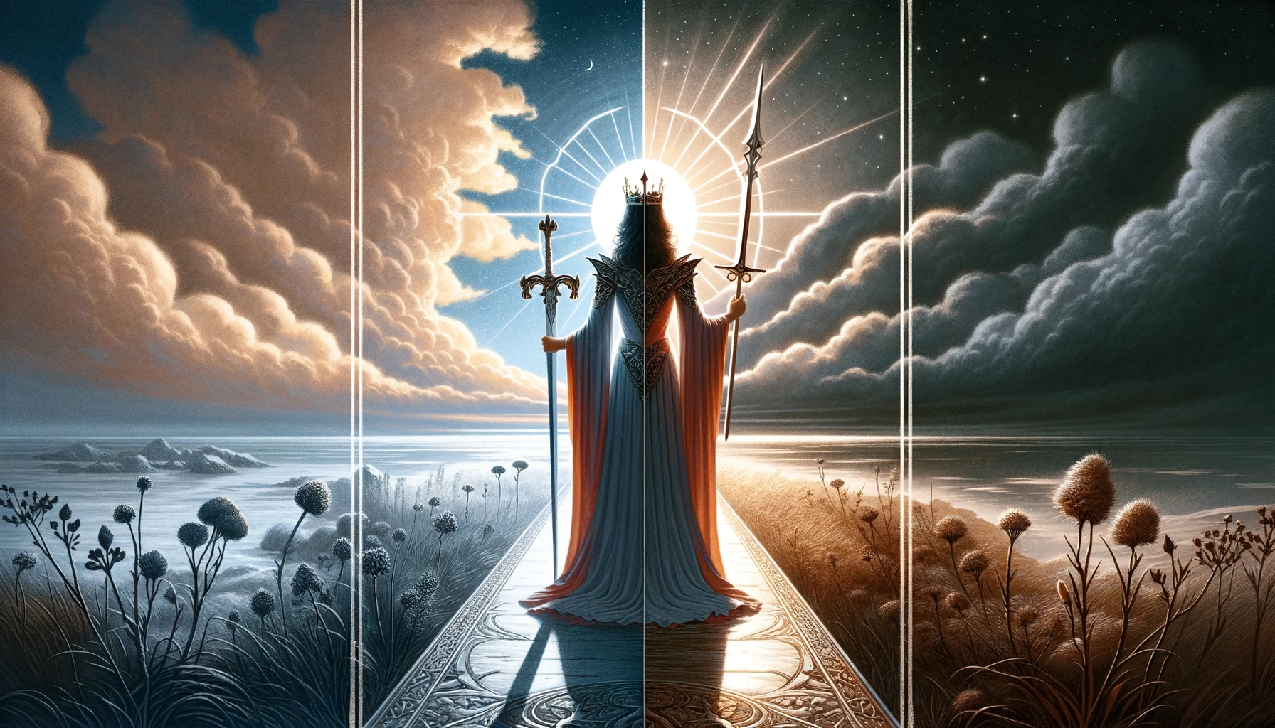 "The image portrays the Queen of Swords in decision-making contexts, symbolizing decisiveness and truth in a 'Yes' scenario, and caution and the need for further consideration in a 'No' scenario. It enriches the article by depicting the complexities and importance of insight and clarity in decision-making processes."