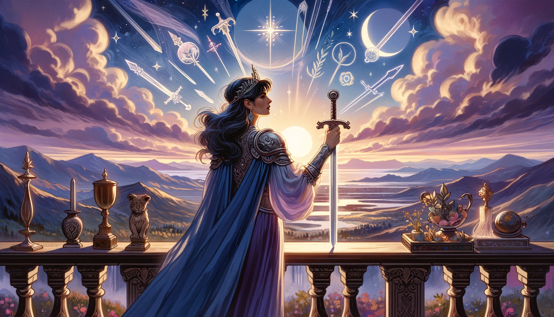 "The illustration portrays the Queen of Swords as a symbol of clear communication, intellectual connection, and independence within relationships. It enriches the article by visually interpreting the card's significance in love readings, emphasizing values of mutual respect, clear communication, and emotional maturity."