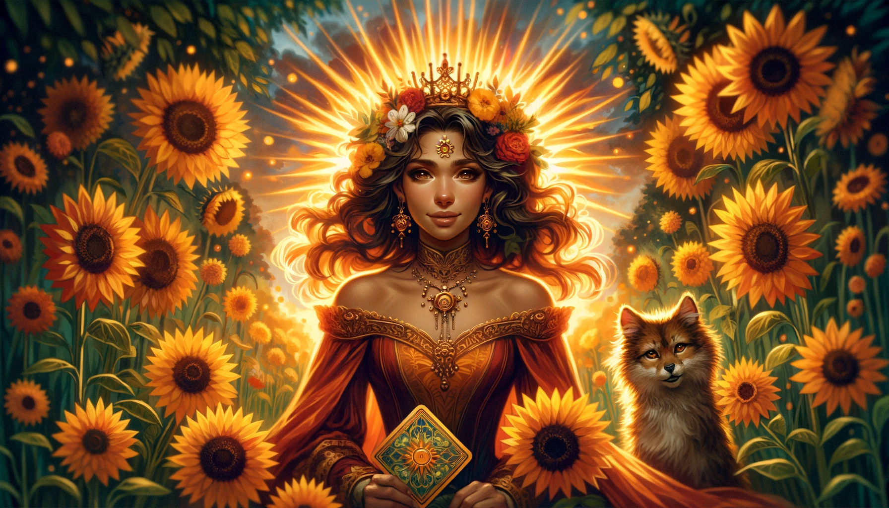 An illustration portraying the embodiment of passion, confidence, and charisma through the Queen of Wands, depicted in a lush garden surrounded by blooming sunflowers, symbolizing her joyous and nurturing spirit, exuding a strong sense of self-assuredness.