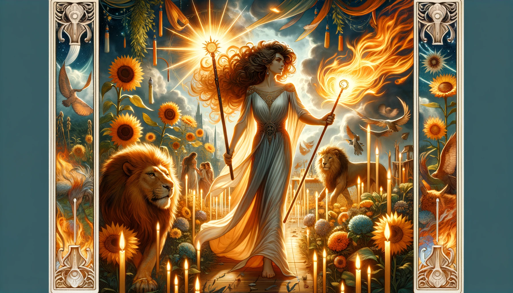 An illustration featuring the Queen of Wands confidently leading amidst a lively and dynamic environment, symbolizing her transformative power, leadership, and self-belief that lead to success and achievement.