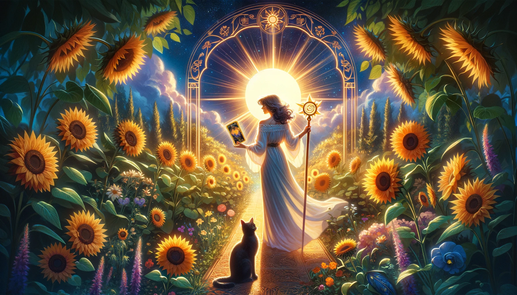 An illustration of the Queen of Wands exuding warmth and positivity in a romantic setting. She stands amidst a vibrant garden, radiating light and energy, symbolizing her nurturing and encouraging nature as a partner. The lush surroundings convey growth and fertility, embodying the qualities of passion, attraction, and supportive love.
