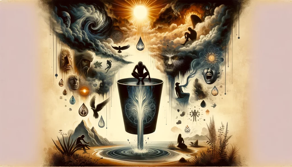 "Illustration portraying the complexity of emotions tied to emotional overflow, unmet needs, and inward reflection. Depicts an overturned cup amidst a landscape suggesting internal struggles, with elements of hope woven in, hinting at potential emotional understanding, growth, and healing."