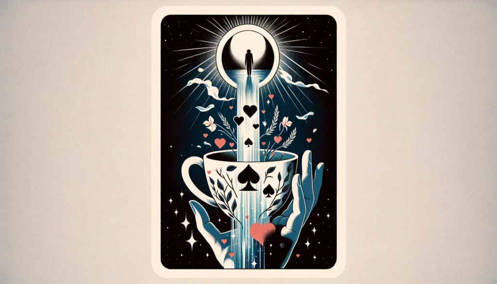 "Illustration portraying the Ace of Cups symbolizing intricate desires tied to unresolved emotions and the yearning for emotional healing. An overturned cup against an introspective backdrop suggests hesitancy to open up and the challenging nature of these desires, yet hints at hope for future fulfillment and emotional openness."