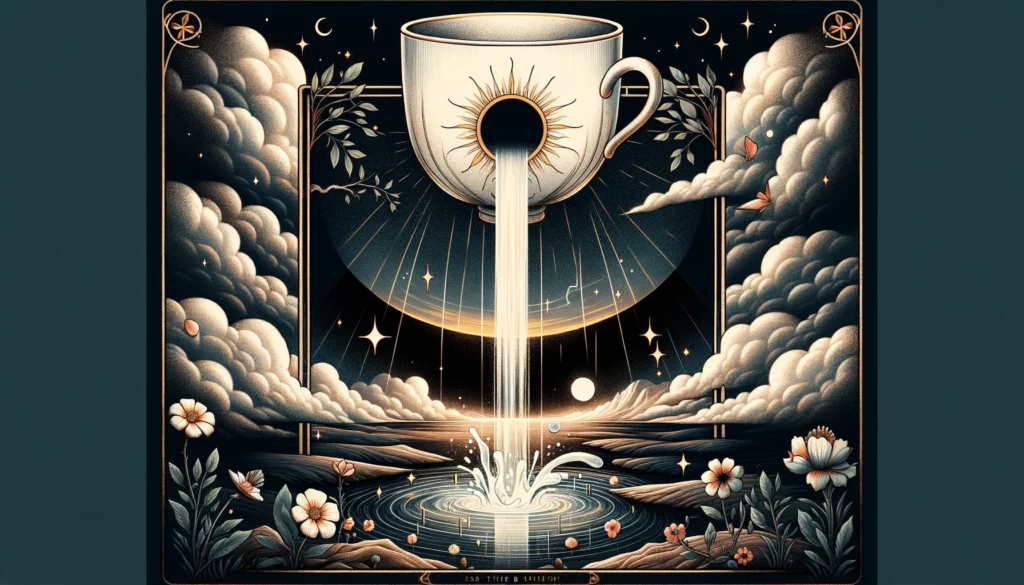  "Illustration representing the Ace of Cups reversed, portraying emotional stagnation and the journey towards healing. An overturned cup amidst a complex backdrop symbolizes the potential for introspection, healing, and transition towards emotional balance."





