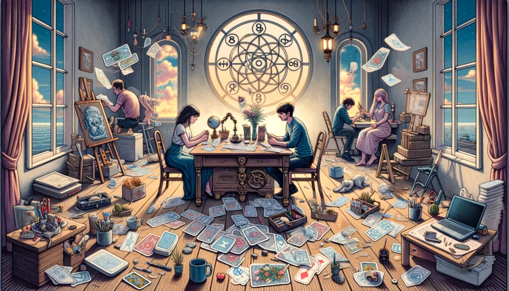 The image portrays a couple engaged in a collaborative task, but their expressions reveal frustration and discord. They appear to be working in a cluttered and disorganized environment, symbolizing the challenges they face in their joint efforts. Despite their shared goal, there is a palpable tension in their interaction, suggesting a mismatch in effort or vision. This visualization embodies the difficulties of working together amidst discord, highlighting the potential for growth through addressing issues of cooperation and shared commitment.