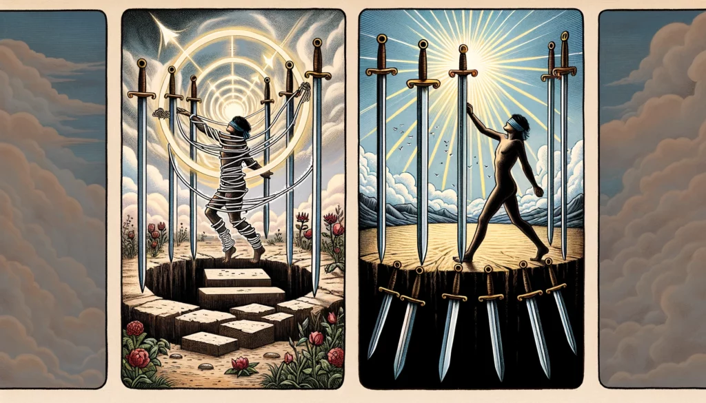 "The illustration depicts a figure initially bound and blindfolded, surrounded by swords, representing feelings of entrapment and limitation. However, the figure has now broken free from the bindings, symbolizing a transition towards self-empowerment and liberation. The image conveys the theme of awakening to personal power and the journey towards overcoming self-imposed limitations through inner work, self-awareness, and courage."





