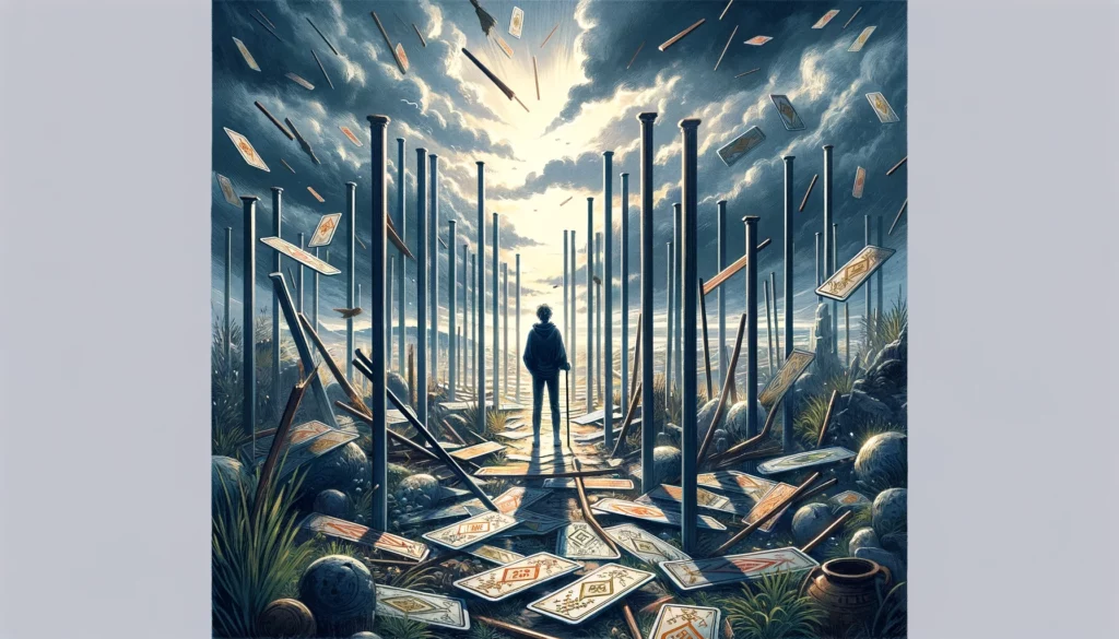 The image portrays an individual amidst scattered or falling wands, symbolizing the longing for a pause and the need for clarity amidst rapid changes and confusion. Against a chaotic backdrop, the scene depicts the disruption of progress and the challenges of navigating uncertainty. However, there's a subtle hint of hope, suggesting the search for stability and a clear path forward amidst the chaos. The visual representation enriches the article by illustrating the individual's struggle with uncertainty and the desire for stability and clarity amidst rapid changes.





