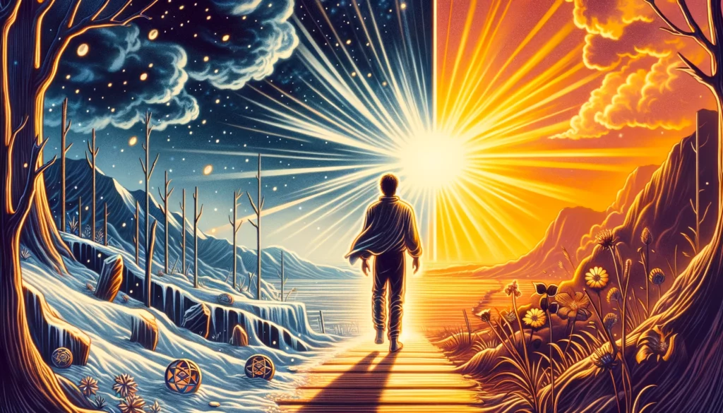 An individual is depicted stepping from the shadows into sunlight, symbolizing the emotional shift from isolation and financial worry to recovery, hope, and openness to support. This visualization embodies the journey of overcoming adversity, finding warmth in connection, and the potential for emotional and financial healing. It emphasizes the transformation from hardship to a hopeful state and the importance of reaching out for help and embracing change.