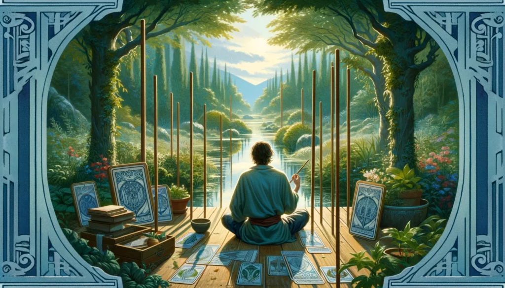 A serene scene depicting an individual's longing for peace and harmony, avoiding unnecessary conflict and embracing a tranquil approach to life's challenges, set against a backdrop symbolizing a shift towards creativity and peaceful resolution.