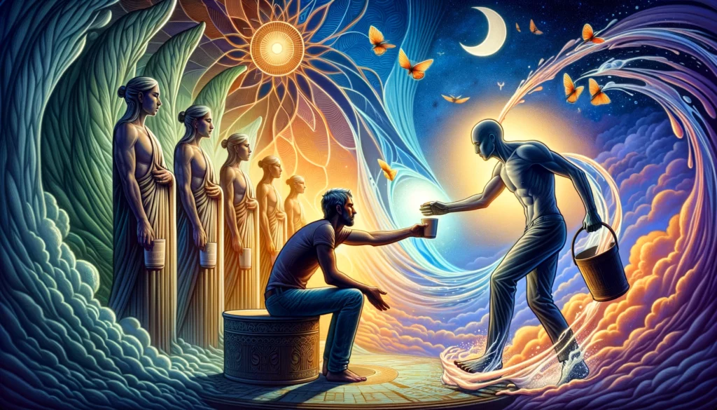  "An illustration symbolizing personal growth and acceptance of new emotional experiences. A character reaches for the fourth cup, signifying a shift in perspective and openness to change. The background transforms from subdued to vibrant, reflecting the transition from apathy to active engagement in emotional life."