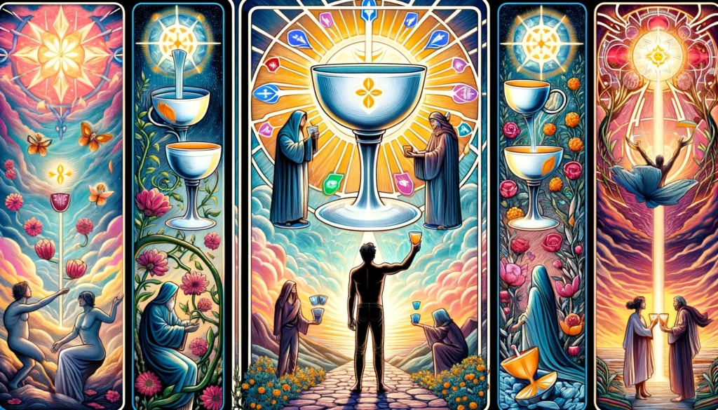  "Artwork featuring a figure noticing the fourth cup, symbolizing a shift from introspection to action in the context of love. The scene conveys themes of awakening to overlooked opportunities, readiness for new emotional paths, and the journey towards connection and fulfillment in love."