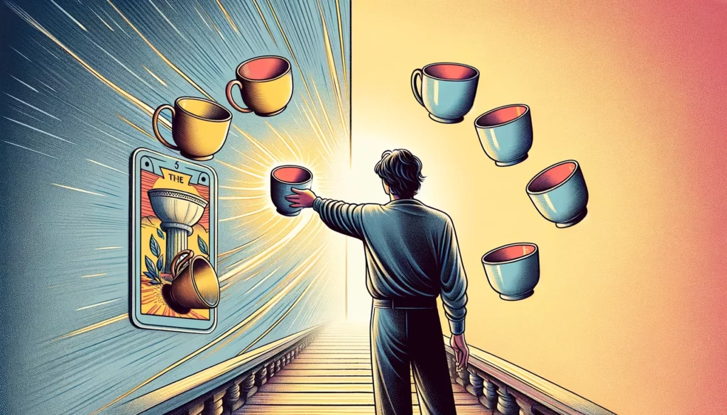 "An illustration representing a transformative moment of realization and openness to new opportunities. A figure is seen acknowledging a fourth cup, symbolizing change and new possibilities, marking a shift from contemplation to awareness and interest. The transition from a subdued atmosphere to a brighter, hopeful setting indicates a move from apathy to action, reflecting a change in perspective and a desire for growth and fulfillment."