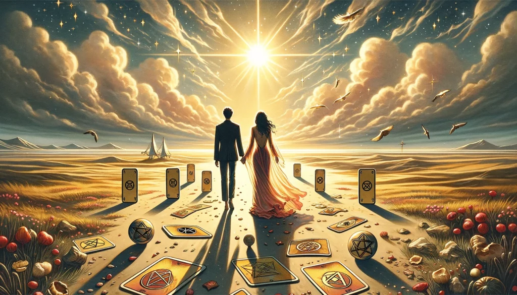 A couple walks hand in hand away from scattered pentacles, towards a brighter and open landscape. Symbolizing a shift from possessiveness to trust, openness, and emotional richness in their relationship.