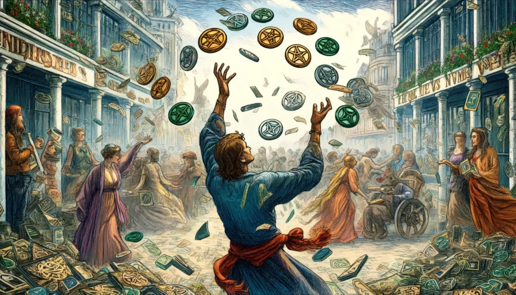A person joyfully releases pentacles into the air, symbolizing departure from materialism and embracing openness and generosity in a vibrant community setting. Illustrates the value of relationships and experiences over material security, embodying the positive transformation of the Reversed Four of Pentacles.
