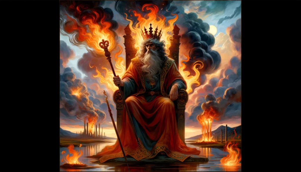 An illustration effectively capturing the essence of frustration, impatience, and the potential for overbearing behavior associated with the reversed King of Wands. The King is depicted in a stormy and chaotic landscape, reflecting the tumultuous emotions linked to this position. The portrayal hints at the King's struggle with personal power or aggression, as well as his capacity for self-reflection and the possibility of regaining balance, enriching the article by visualizing these themes.






