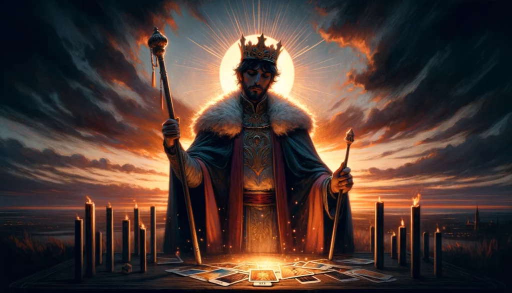 An illustration portraying the King in a moment of introspection and uncertainty, set in a dimly lit, contemplative space. His posture and the position of the wand suggest a temporary disconnect from his usual vibrant and adventurous spirit. The backdrop of a sunset or twilight adds depth, symbolizing the need for reflection on his path forward in love. Flickers of fire or light surrounding him hint at the potential for reigniting passion and taking decisive action, conveying the complex emotions and growth possibilities associated with the Reversed King of Wands.






