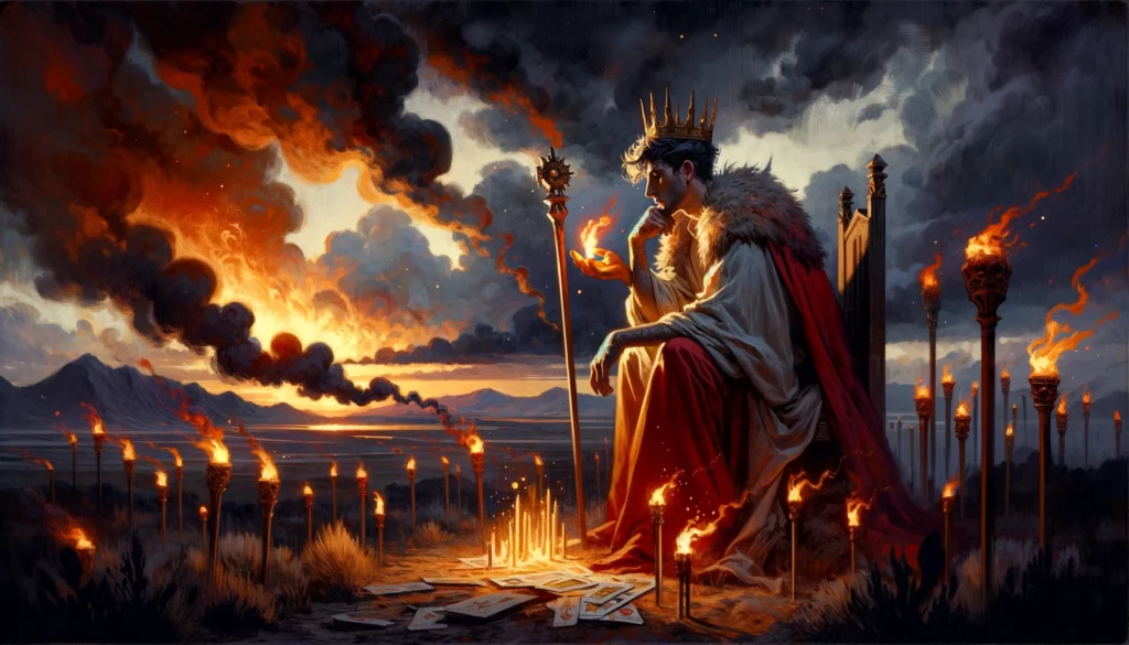 An illustration depicting a scenario of ambition tangled with impulsiveness and the challenges of mastering assertive energies. The King's contemplative or frustrated demeanor, set against a backdrop of untamed wilderness and unlit torches, vividly illustrates the inner turmoil and the struggle to convert raw energy into directed, constructive action. This visual representation enriches your article by highlighting the complex interplay between ambition and the obstacles one might face, all while suggesting the underlying potential to overcome these challenges.






