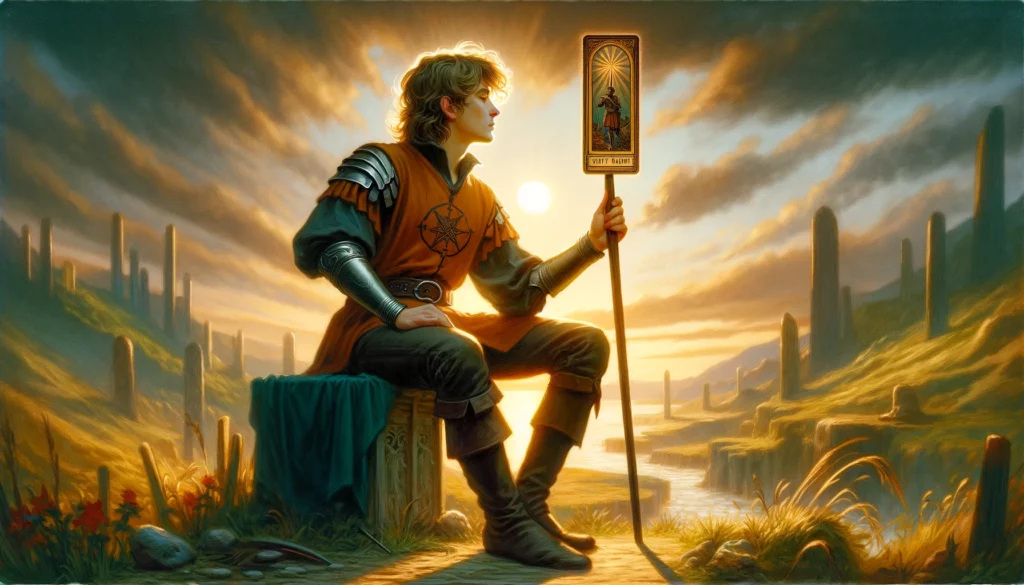An illustration portraying an individual embodying the reversed attributes of the Knight of Wands, depicted in a reflective pose against a backdrop hinting at the need for careful navigation. The image conveys themes of reconsideration, grounding, and caution in pursuit of desires, capturing a moment of introspection and deliberation about future actions.