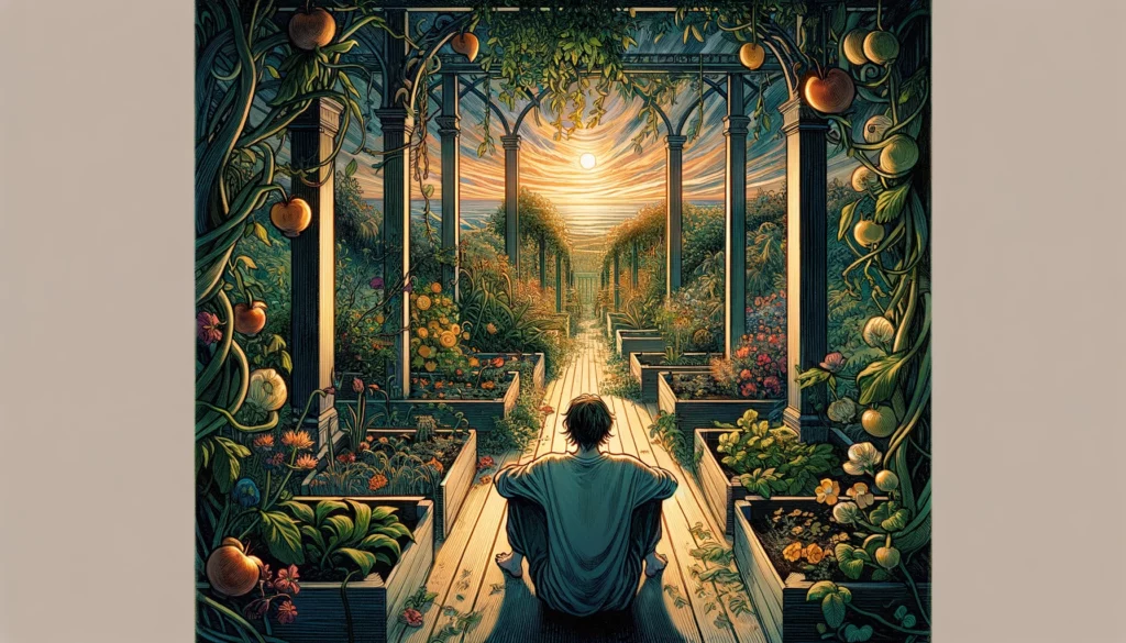 The image depicts a person standing in a garden surrounded by fences or barriers, evoking a sense of confinement or restriction. The individual appears contemplative or restless, suggesting feelings of dissatisfaction or longing for something more within the romantic context. The garden, once a symbol of joy and independence, now appears less vibrant or neglected, symbolizing the loss of fulfillment or autonomy in love. This visualization embodies the essence of the Reversed Nine of Pentacles in a love context, highlighting themes of reevaluation, yearning for genuine connection, and the quest to find a balance between personal independence and intimate relationships.