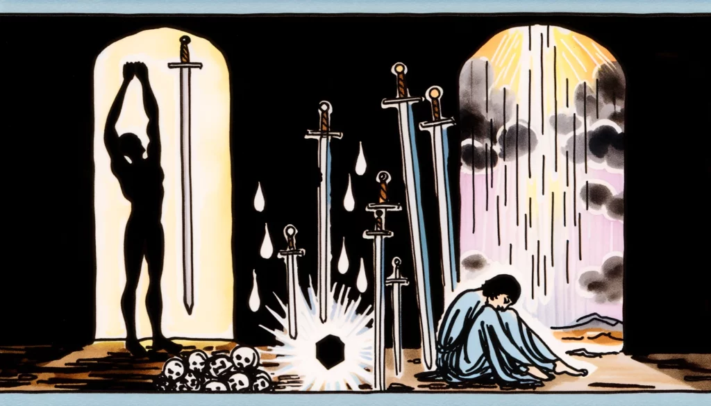 "The illustration portrays a transition from despair to hope within relationships, symbolizing the potential for overcoming emotional turmoil and fostering healing and reconciliation. A figure emerges from darkness into the light, suggesting a shift towards emotional recovery. The scene highlights the importance of communication, support, and mutual effort in addressing past hurts and moving forward together."





