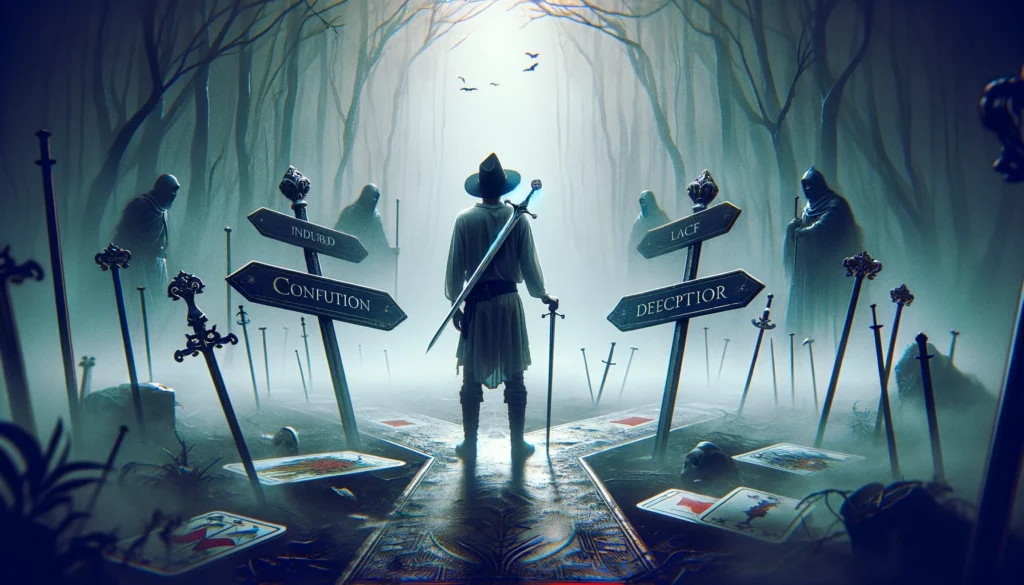"The illustration portrays confusion and uncertainty with a figure at a crossroads, highlighted by a downward-pointed sword, set in a murky atmosphere, symbolizing the challenges and complexities of the situation."