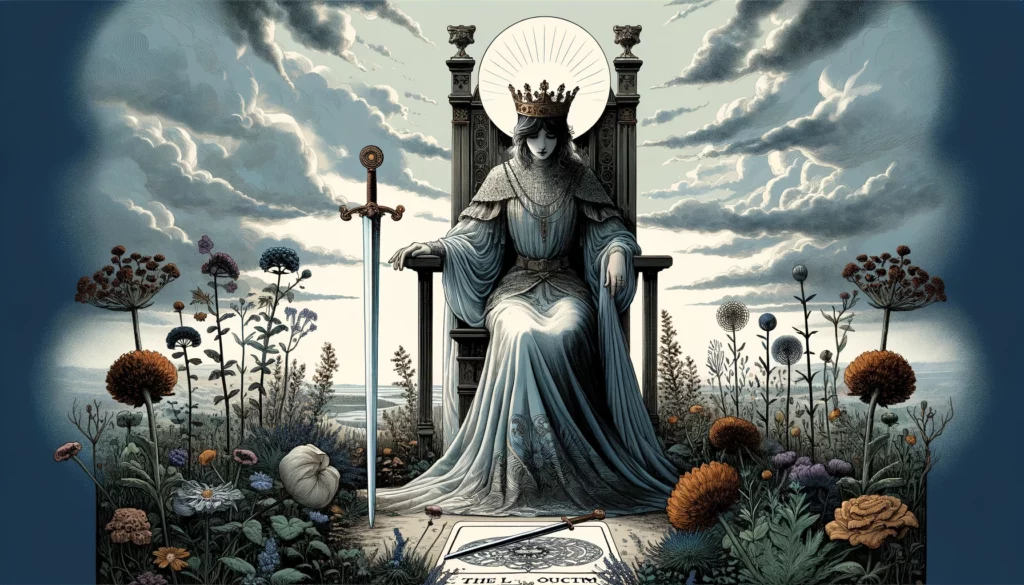 "The illustration depicts the reversed Queen of Swords, symbolizing miscommunication, emotional detachment, and potential misunderstanding in relationships. It enriches the article by highlighting the complexities and challenges associated with the card's reversed position, emphasizing the importance of clear communication and emotional presence in fostering healthy relationships."