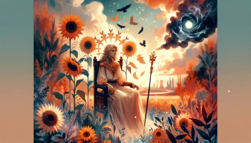 An illustration portraying a scenario of insecurity, jealousy, or feeling overwhelmed through the depiction of the Queen of Wands in a more subdued light. Her environment and demeanor reflect a period of emotional turbulence or introspection, yet hint at an undercurrent of resilience and the potential for overcoming emotional obstacles.






