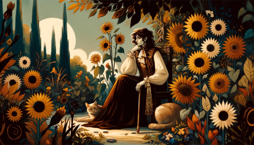 An illustration of the Queen of Wands in a reflective stance amidst a subdued garden. She appears contemplative, embodying themes of self-doubt and disconnection in a romantic context. The garden, once vibrant, now reflects the subdued mood, yet hints at the potential for growth and renewal despite temporary setbacks.