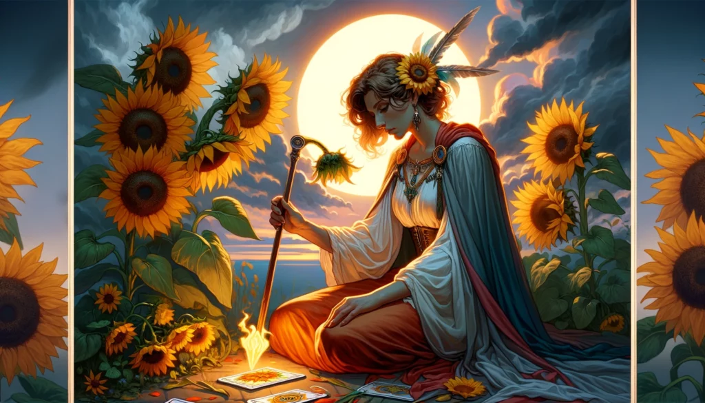 An illustration capturing the complexities of challenges and self-doubt as the Queen of Wands is depicted in a moment of reflection amidst a slightly dimmed vibrant environment, suggesting a period of stagnation or inner turmoil, while hinting at the underlying strength and potential for resurgence.