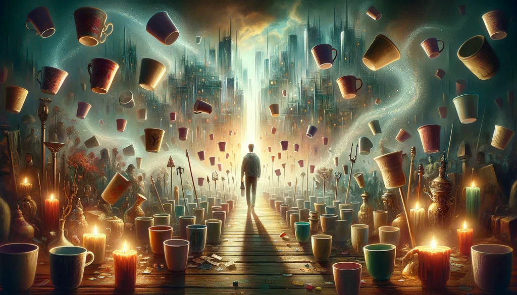 "An illustration depicting the transition from confusion to clarity, symbolized by a figure shifting focus from a plethora of floating illusions to a single, grounded goal. This visual narrative complements the exploration of making informed and practical decisions within the context provided by the reversed 'Seven of Cups' tarot card."