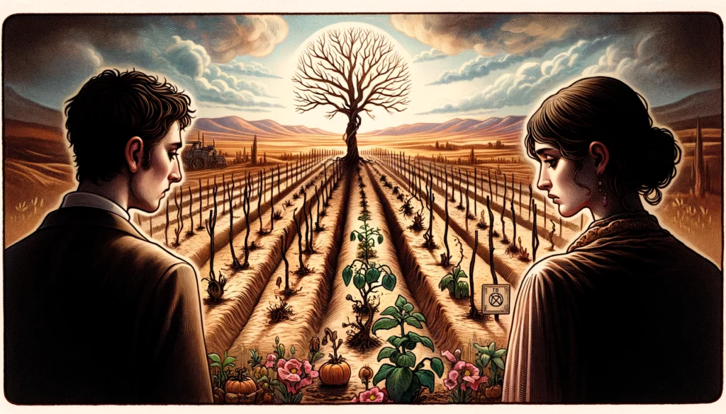 The image shows a couple standing together in a garden that appears barren and withered, with wilted plants and dry soil surrounding them. Their expressions convey a sense of disappointment or concern as they gaze at the lackluster scene before them. This visualization symbolizes stagnation or disappointment in their relationship, embodying the themes of reassessment and unmet expectations. It suggests the potential need for change or redirection in order to foster a healthier, more fulfilling connection. The couple's posture and facial expressions reflect the importance of evaluating the relationship's progress and making necessary adjustments to nurture its growth.