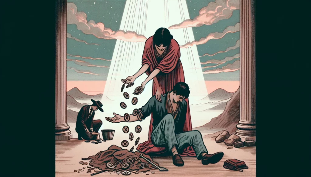  The image shows a couple in a stark and less vibrant environment, with one partner giving much more than they are receiving. This scene reflects the imbalance in the relationship, emphasizing themes of unfairness, emotional disconnect, and the necessity of communication and mutual respect for maintaining a healthy partnership.