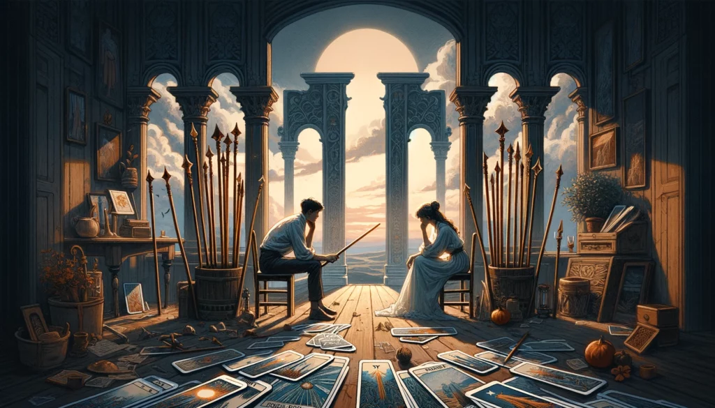 An illustration portraying themes of setback, lack of recognition, and the need for self-reflection in love. The image depicts a couple in a moment of introspection or disappointment within their relationship. Set against a backdrop suggesting an inward focus and personal journey, the scene highlights the opportunity for deeper connection and resilience through overcoming challenges.
