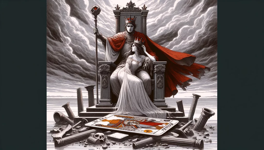  "An overturned throne or broken scepter symbolizing the loss of harmony and negative authority within a relationship marked by imbalance and power struggles."




