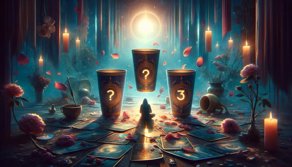 "Artwork portraying three cups in a reversed position against a backdrop suggesting introspection or solitude, conveying disruption or imbalance in social connections. Despite the somber tone, elements of hope and potential for personal growth and the rekindling of genuine connections are subtly integrated, symbolizing the possibility of overcoming challenges and restoring harmony. This visualization captures the nuanced interpretation of the Reversed Three of Cups, emphasizing the importance of balance, authenticity, and careful reassessment of one's social circle."