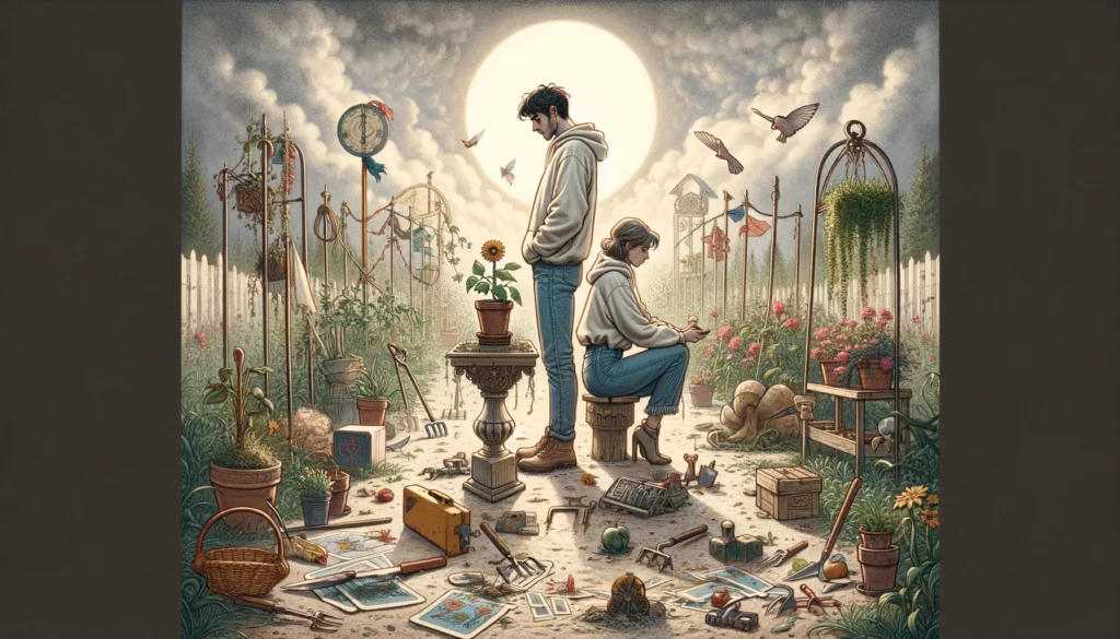 An illustration of a couple standing back to back amidst a neglected garden, symbolizing disconnection within their relationship. The scene highlights challenges of lacking teamwork and communication, deterioration of the connection, and the need for reassessment and effort to nurture a fulfilling partnership, as depicted in the Reversed Three of Pentacles tarot card.






