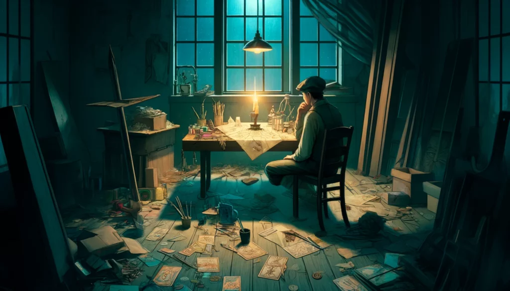 An individual sits amidst unfinished projects and disorganized materials, reflecting on the struggles of working in isolation and the desire for collaboration and support. This scene embodies the yearning for community, shared efforts, and the realization of goals through teamwork, highlighting the potential for growth and fulfillment represented by the Three of Pentacles.