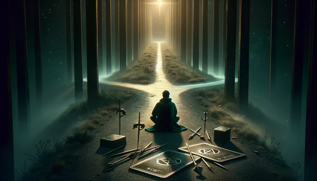 An illustration depicting a figure at a crossroads, symbolizing a moment of introspection and the desire for prioritization, simplicity, and clarity after a period of juggling too much. The image embodies the yearning to move away from chaos towards a more focused and manageable lifestyle, as suggested by the Reversed Two of Pentacles.