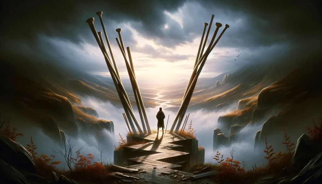 A figure stands at a crossroads, surrounded by fog and shadows, contemplating the paths ahead. Their stance reflects uncertainty and hesitation, hinting at the challenges of navigating unforeseen obstacles. The image encapsulates themes of ambiguity, indecision, and the daunting nature of forging ahead in the face of uncertainty."