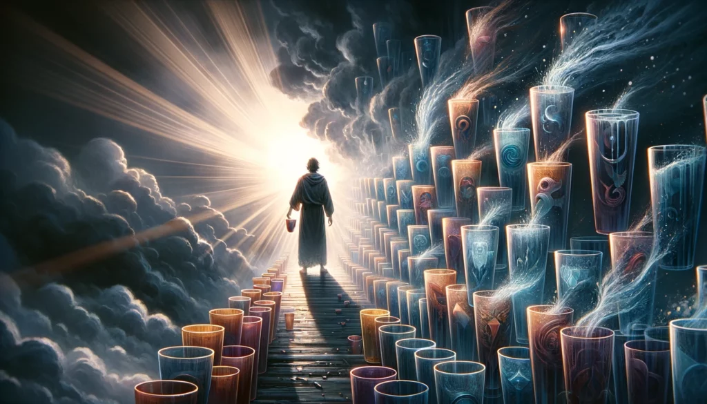 "A thoughtful depiction of the transition from confusion and distraction to clarity and decisiveness, symbolizing the journey of turning away from elusive dreams to focus on a singular, true goal. This visual narrative complements the exploration of guidance offered by the reversed 'Seven of Cups' in making informed decisions."