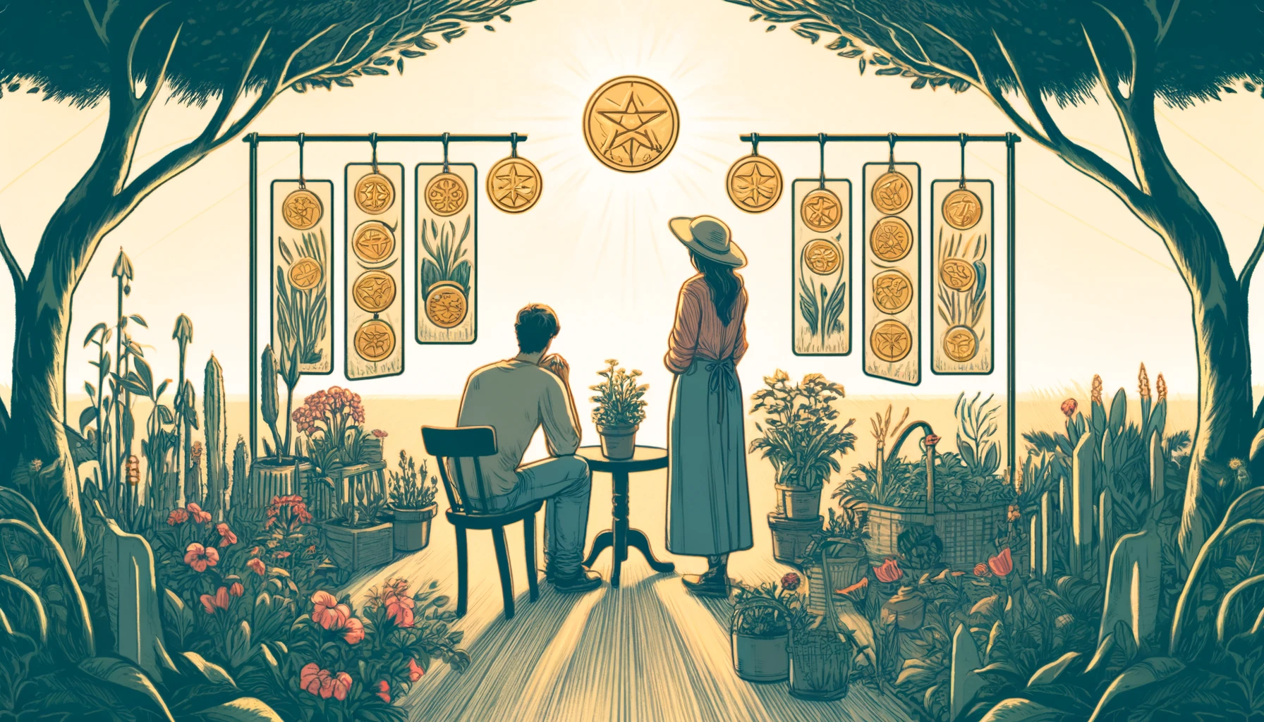 The image shows a couple standing together in a garden, surrounded by lush greenery and blooming flowers. They are engaged in thoughtful conversation as they examine the plants, symbolizing the growth and development of their relationship. Pentacles hang from the branches, representing milestones and achievements in their partnership. This scene embodies themes of reflection, patience, and the ongoing nurturing and care required in a relationship. It emphasizes the balance between appreciating the present state of the relationship and planning for continued growth and fulfillment.