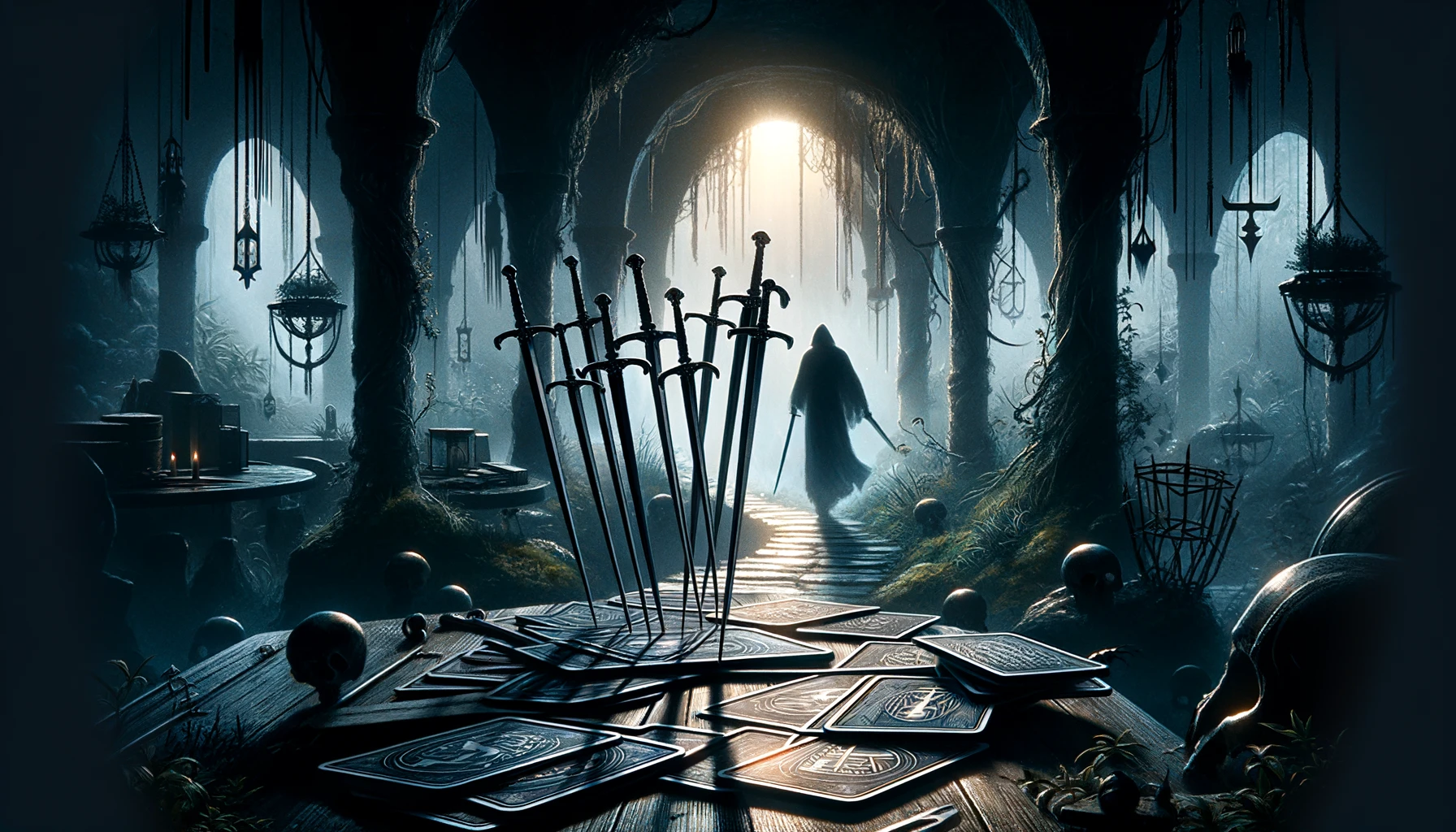 "Depicting a shadowy figure stealthily departing with swords in a mysterious environment, symbolizing intrigue, strategy, and potential betrayal, complementing discussions on navigating life's challenges with mental acuity and ethical considerations."