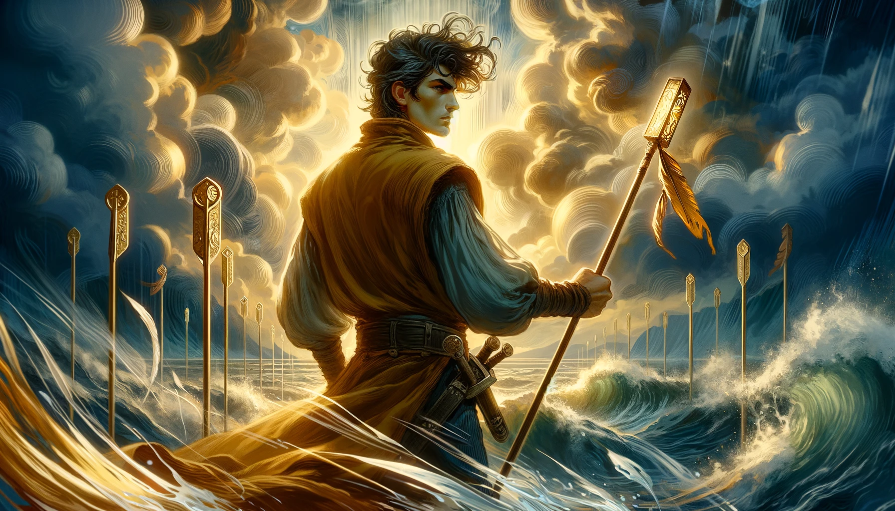 The image features a person with a determined and fierce expression, symbolizing the emotional intensity of standing one's ground. They embody the spirit of the Seven of Wands, exuding courage, perseverance, and passionate commitment to their cause. The backdrop depicts a tumultuous scene, reflecting external pressures and internal turmoil associated with such a stance. Overall, the visual representation highlights the resilience required in the face of challenges and the unwavering determination to defend one's beliefs.