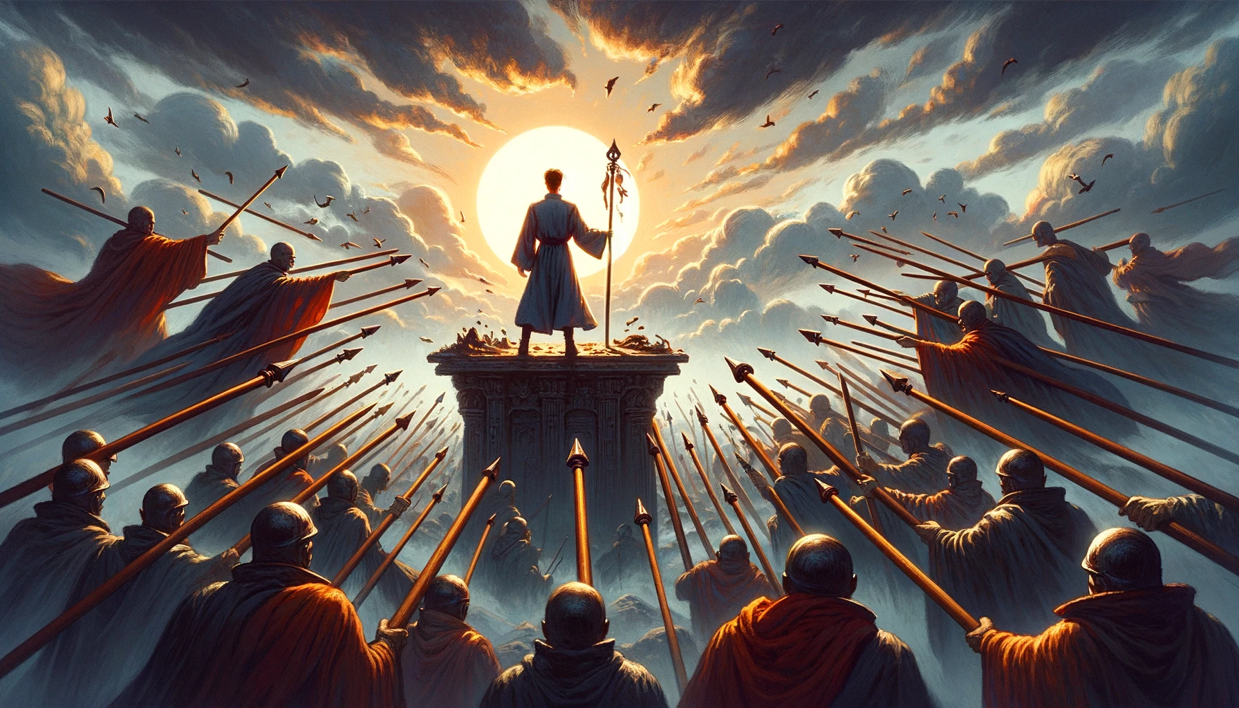 An image depicts an individual standing tall amidst swirling clouds of tension, their expression resolute and determined. The background is charged with a sense of purpose and resolve, symbolizing the challenges they face. The person's unwavering spirit is evident as they stand firm in defense of their beliefs, radiating passion, energy, and courage.