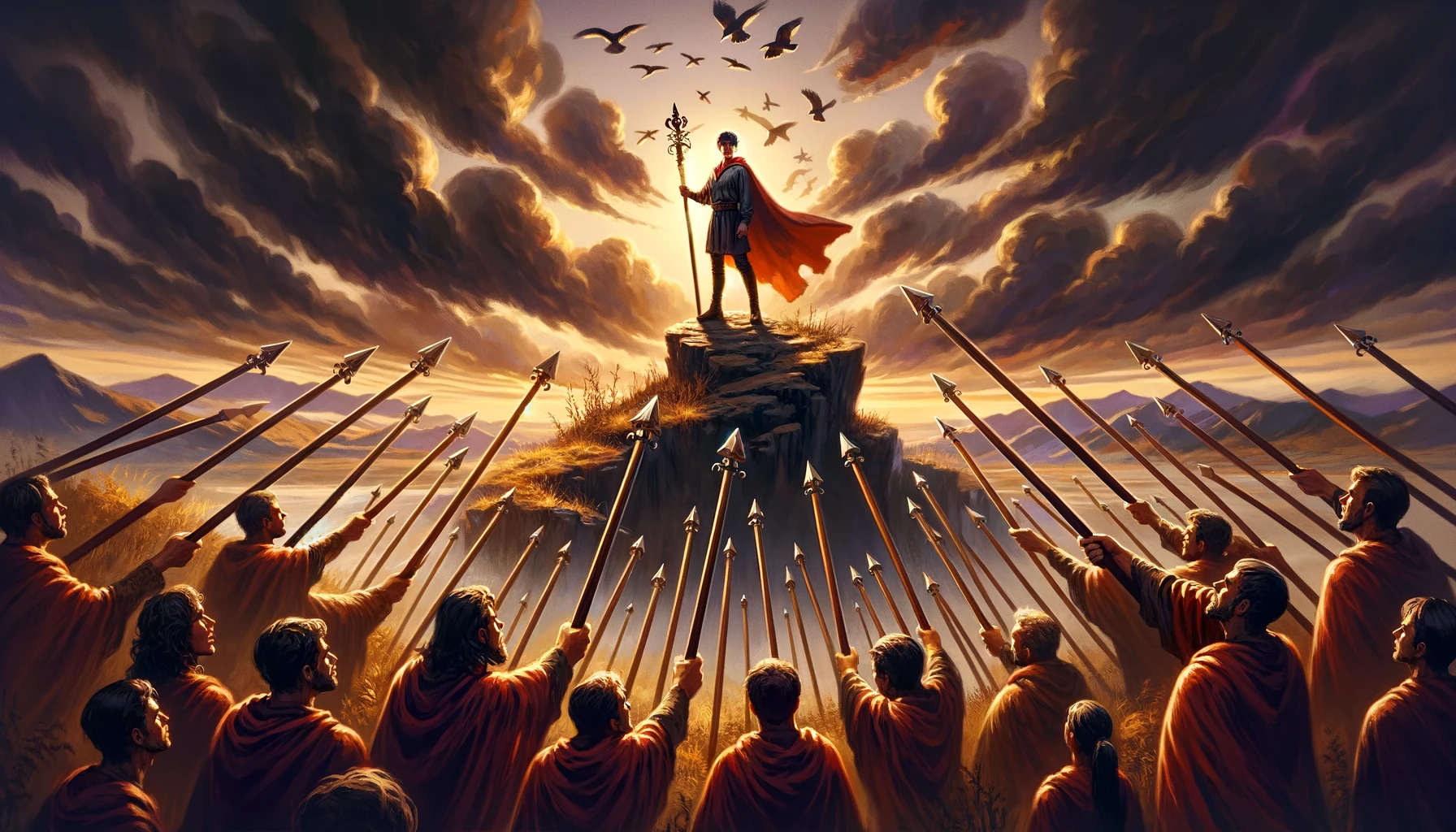 The image features a solitary figure standing tall amidst swirling shadows and fiery hues, symbolizing the tension of confronting opposition. Their stance exudes determination and resilience against challenges. The backdrop portrays a struggle, yet emphasizes the individual's steadfast resolve to prevail. The bold and fiery color palette embodies the spirit of the Seven of Wands, highlighting the intensity and courage required to stand one's ground.