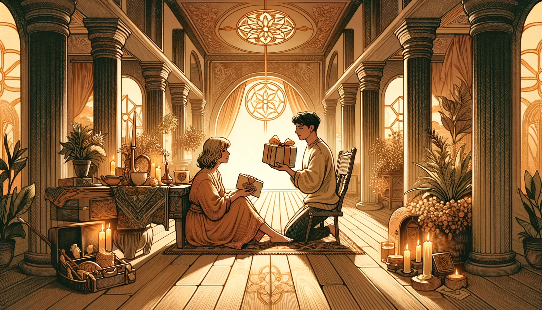 The image depicts a couple engaged in an act of mutual giving and receiving, symbolizing a balanced and healthy exchange of love, support, and generosity within their relationship. The warm and inviting setting reflects the harmony and equity of their partnership, emphasizing the themes of fairness, mutual respect, and the nurturing of a supportive and caring relationship.