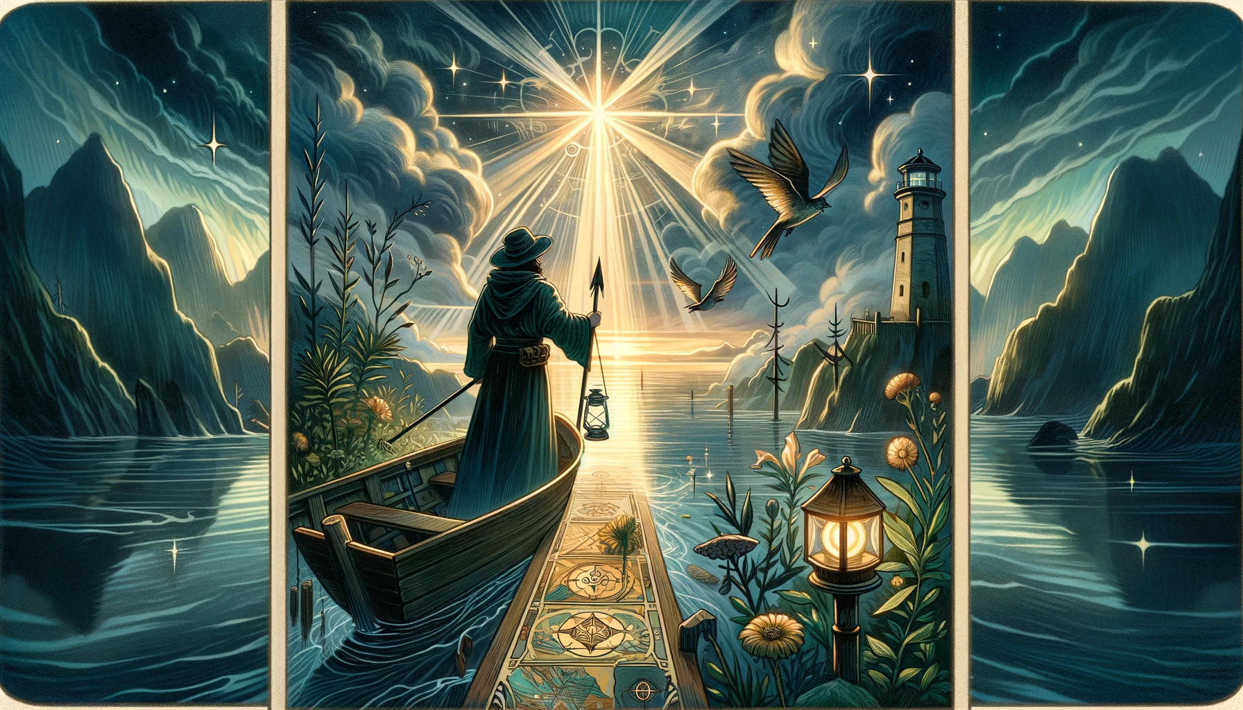 "Illustration depicting a guiding figure leading others through transition and healing, symbolizing a journey from darkness to light, chaos to order, and offering hope for a brighter future."