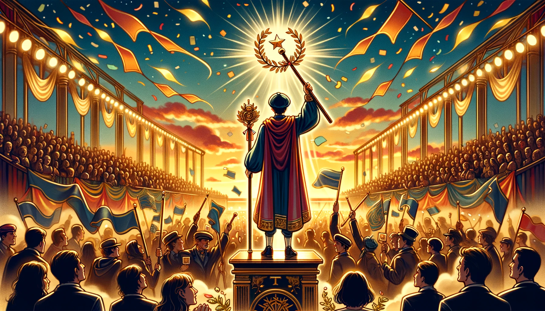 A visual representation showcasing an individual in their moment of triumph, symbolizing victory, recognition, and the desire to be celebrated for achievements. The scene depicts the person standing proudly amidst symbols of success and celebration, with a joyful expression reflecting the fulfillment of being recognized and appreciated. The backdrop is filled with diverse signs of celebration, emphasizing the various areas in life where one can achieve and be acknowledged for success.